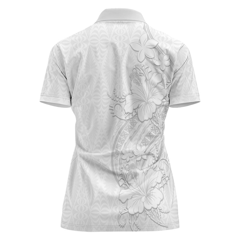 Tokelau White Sunday Women Polo Shirt Elegant Hibiscus Polynesian Tribal Pattern