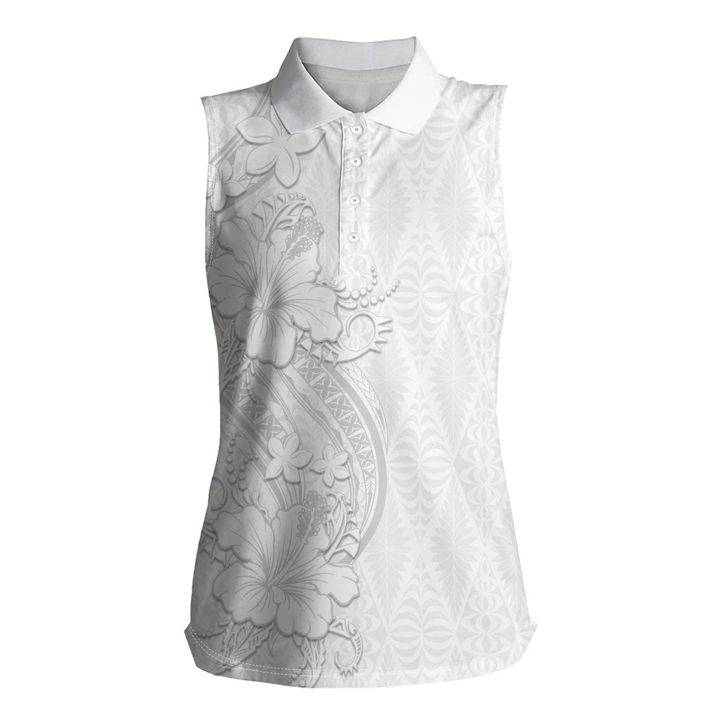 Tokelau White Sunday Women Sleeveless Polo Shirt Elegant Hibiscus Polynesian Tribal Pattern