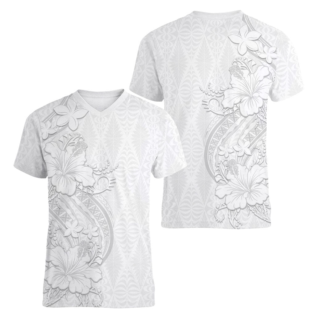 Tokelau White Sunday Women V-Neck T-Shirt Elegant Hibiscus Polynesian Tribal Pattern