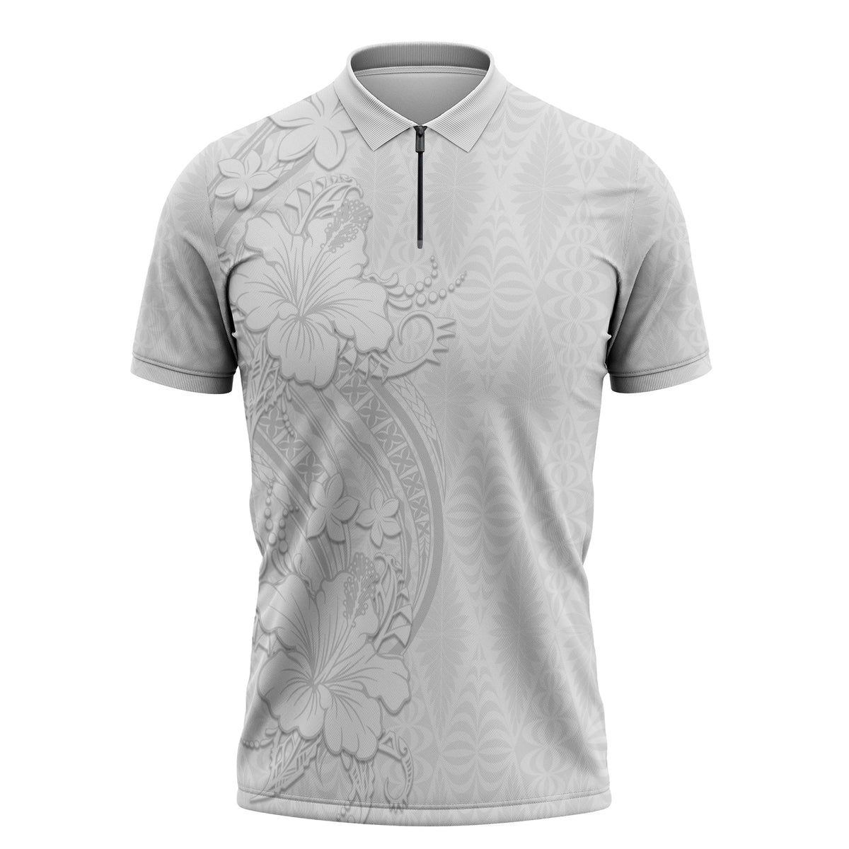 Tokelau White Sunday Zipper Polo Shirt Elegant Hibiscus Polynesian Tribal Pattern