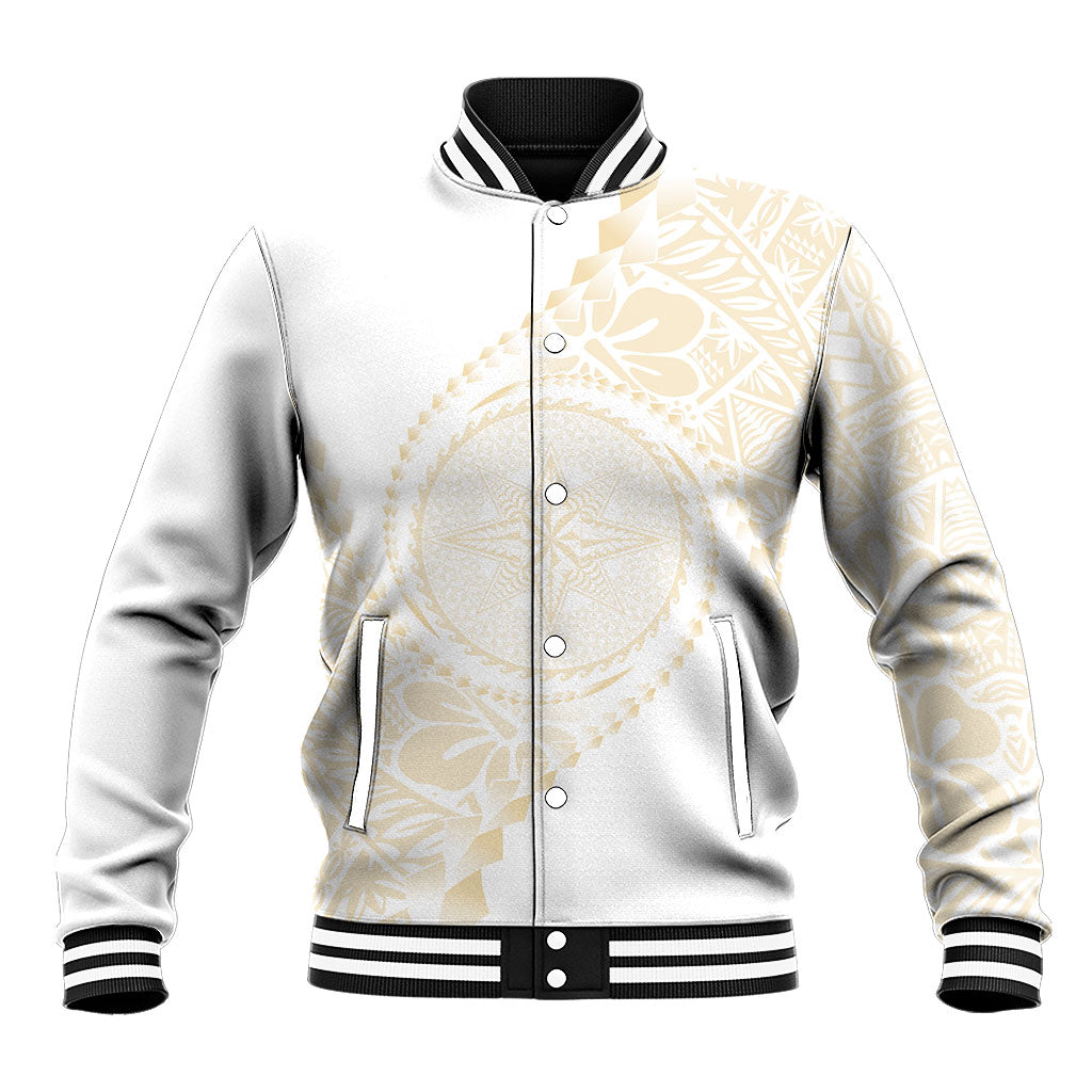 Tonga White Sunday Baseball Jacket Lotu Tamaiti Tongan Kupesi Pattern