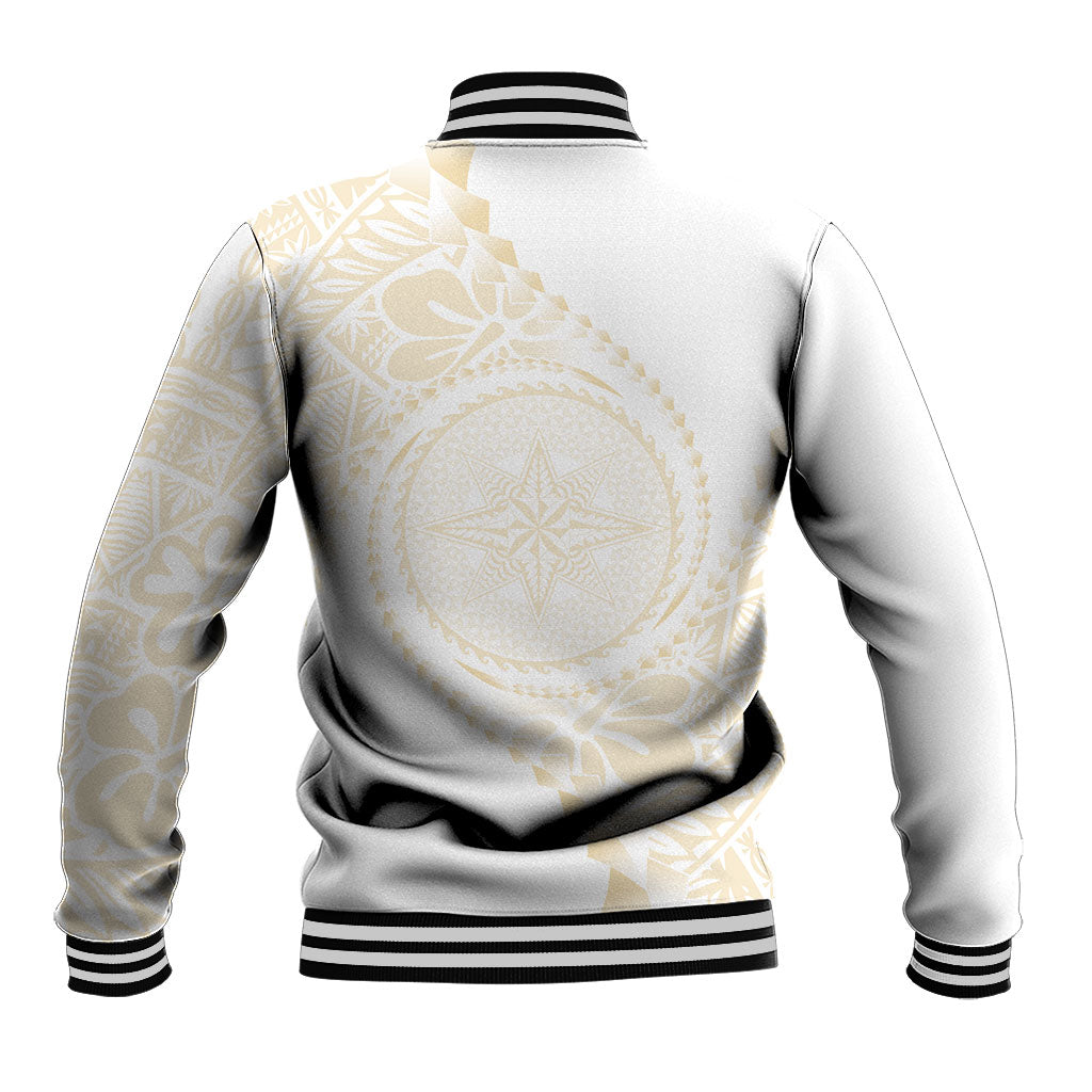 Tonga White Sunday Baseball Jacket Lotu Tamaiti Tongan Kupesi Pattern