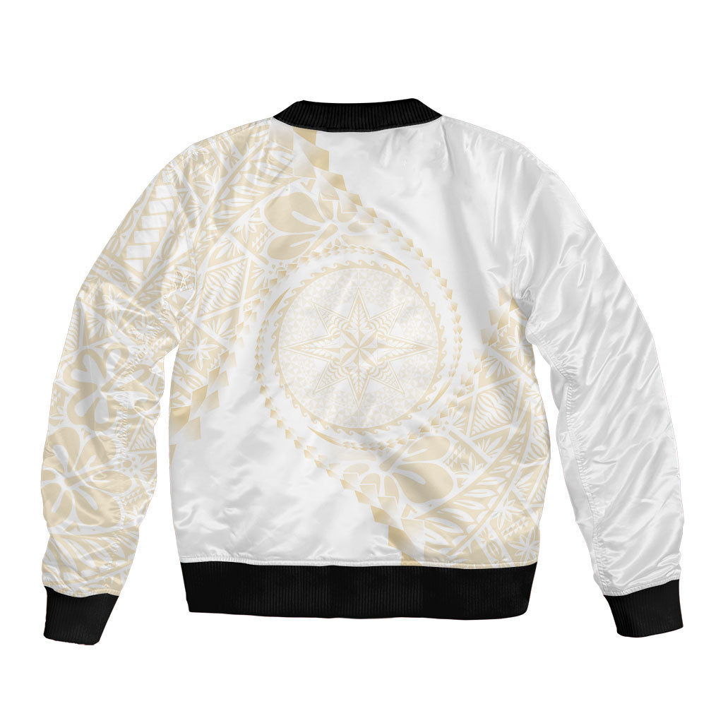 Tonga White Sunday Bomber Jacket Lotu Tamaiti Tongan Kupesi Pattern