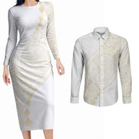 Tonga White Sunday Couples Matching Long Sleeve Bodycon Dress and Long Sleeve Button Shirt Lotu Tamaiti Tongan Kupesi Pattern