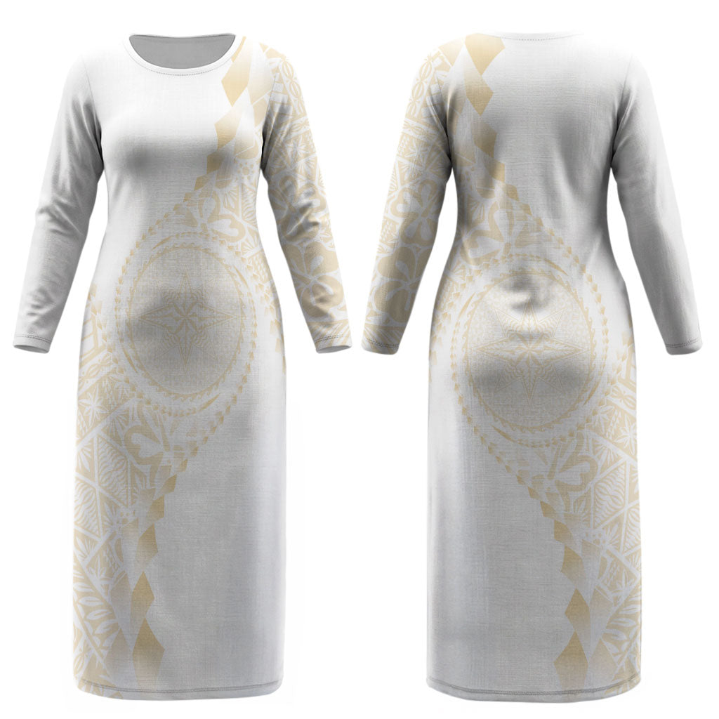 Tonga White Sunday Couples Matching Long Sleeve Bodycon Dress and Long Sleeve Button Shirt Lotu Tamaiti Tongan Kupesi Pattern