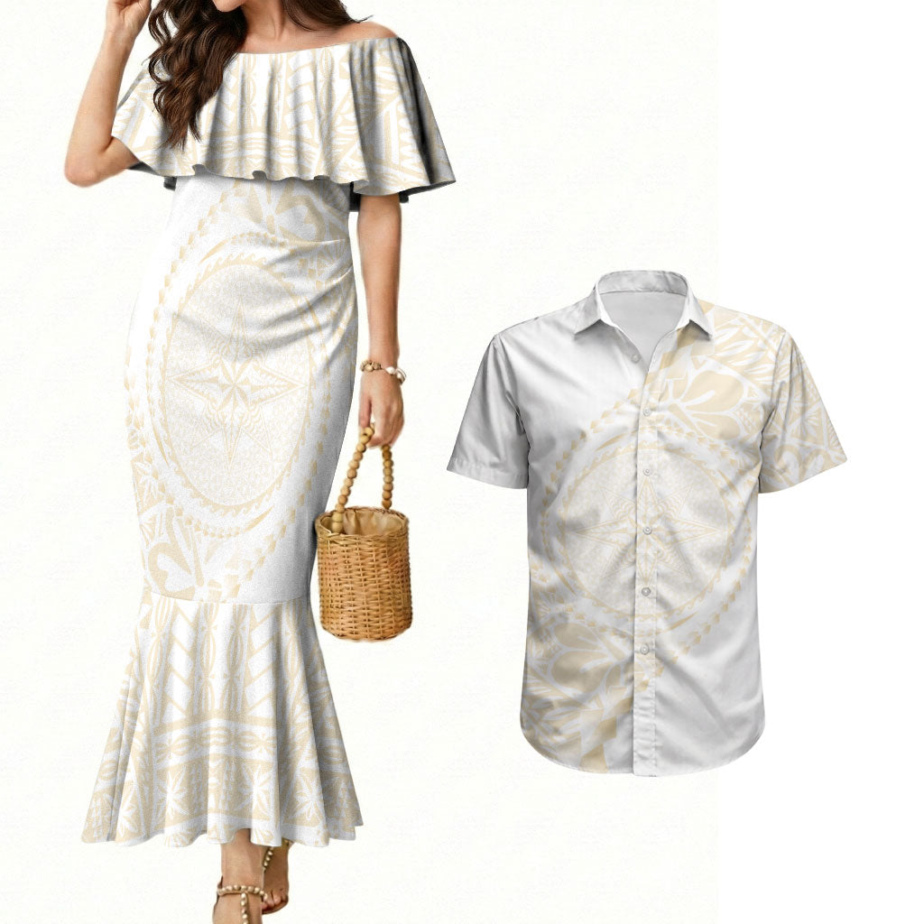 Tonga White Sunday Couples Matching Mermaid Dress and Hawaiian Shirt Lotu Tamaiti Tongan Kupesi Pattern
