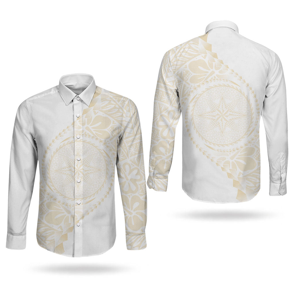 Tonga White Sunday Couples Matching Mermaid Dress and Long Sleeve Button Shirt Lotu Tamaiti Tongan Kupesi Pattern