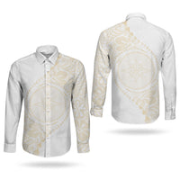 Tonga White Sunday Couples Matching Mermaid Dress and Long Sleeve Button Shirt Lotu Tamaiti Tongan Kupesi Pattern