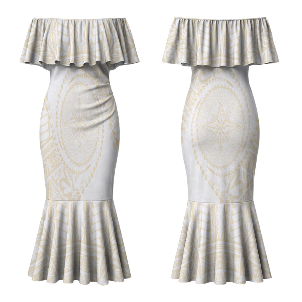 Tonga White Sunday Couples Matching Mermaid Dress and Long Sleeve Button Shirt Lotu Tamaiti Tongan Kupesi Pattern