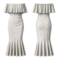 Tonga White Sunday Couples Matching Mermaid Dress and Long Sleeve Button Shirt Lotu Tamaiti Tongan Kupesi Pattern