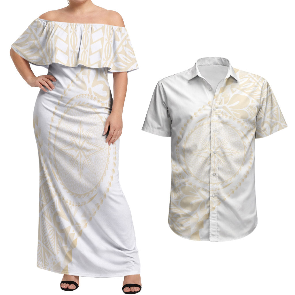 Tonga White Sunday Couples Matching Off Shoulder Maxi Dress and Hawaiian Shirt Lotu Tamaiti Tongan Kupesi Pattern