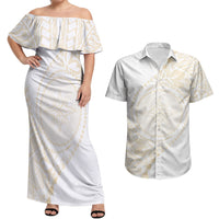 Tonga White Sunday Couples Matching Off Shoulder Maxi Dress and Hawaiian Shirt Lotu Tamaiti Tongan Kupesi Pattern