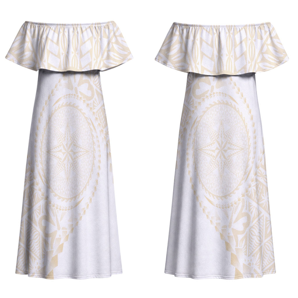 Tonga White Sunday Couples Matching Off Shoulder Maxi Dress and Hawaiian Shirt Lotu Tamaiti Tongan Kupesi Pattern