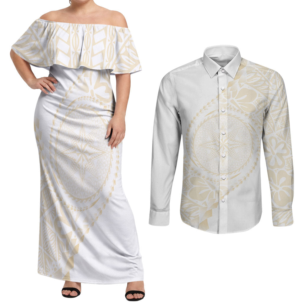 Tonga White Sunday Couples Matching Off Shoulder Maxi Dress and Long Sleeve Button Shirt Lotu Tamaiti Tongan Kupesi Pattern