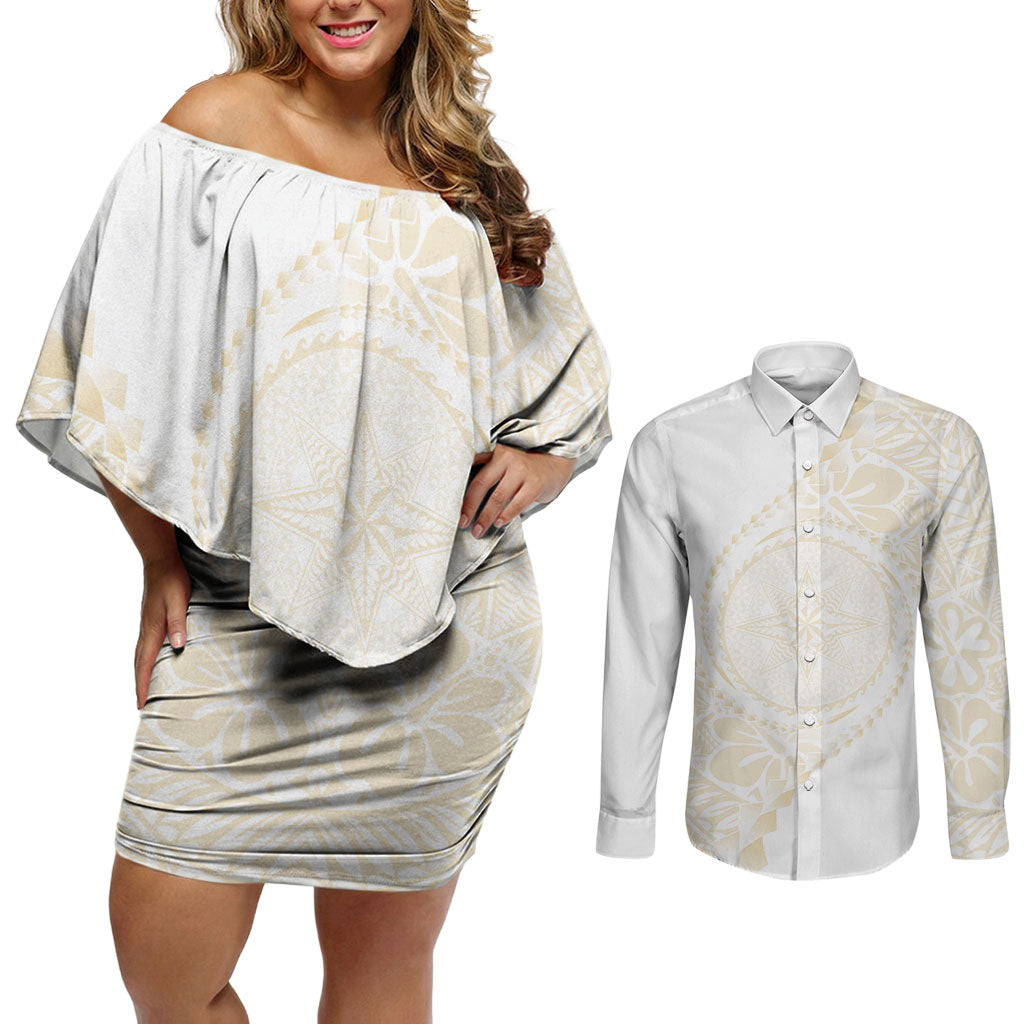 Tonga White Sunday Couples Matching Off Shoulder Short Dress and Long Sleeve Button Shirt Lotu Tamaiti Tongan Kupesi Pattern