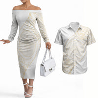 Tonga White Sunday Couples Matching Off The Shoulder Long Sleeve Dress and Hawaiian Shirt Lotu Tamaiti Tongan Kupesi Pattern