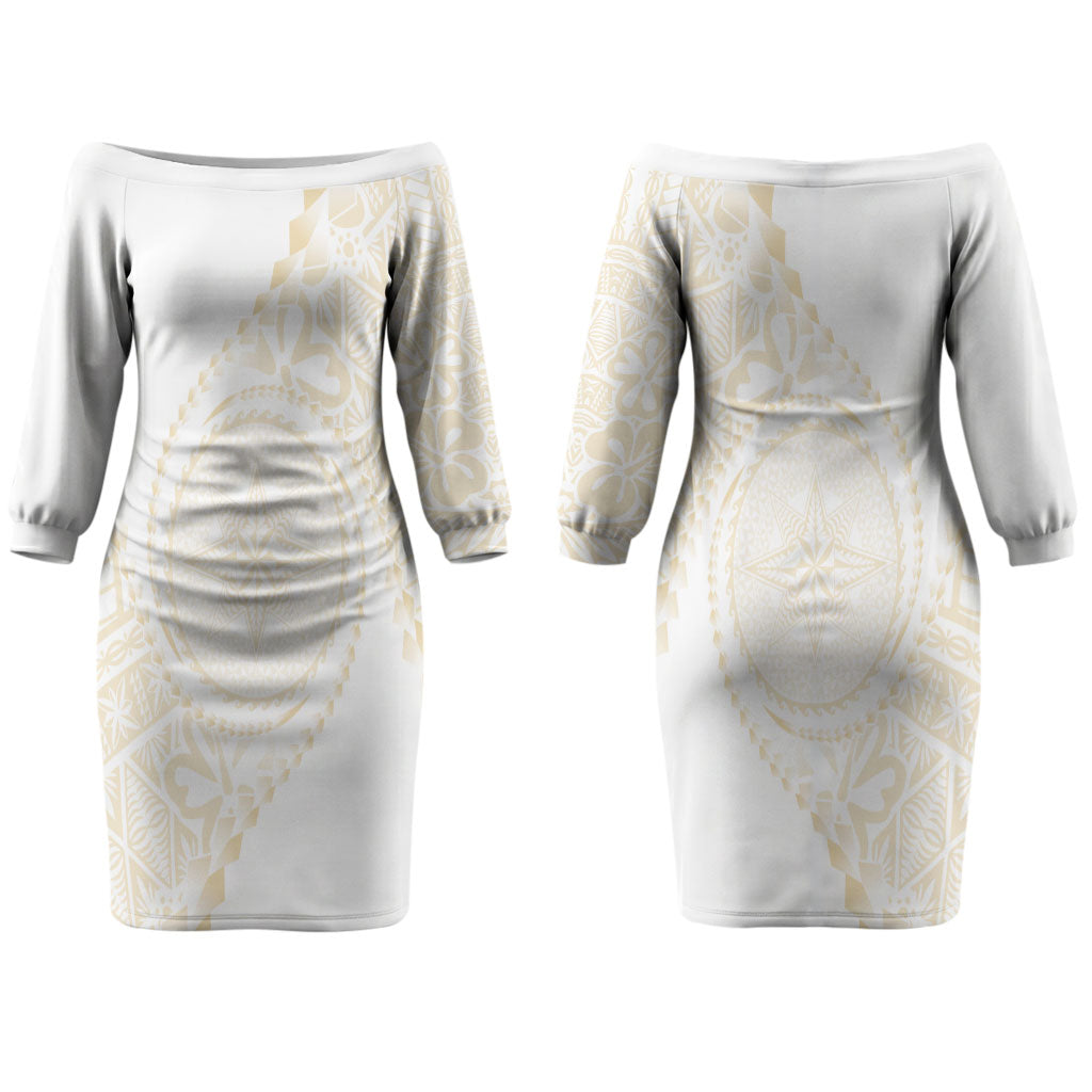 Tonga White Sunday Couples Matching Off The Shoulder Long Sleeve Dress and Long Sleeve Button Shirt Lotu Tamaiti Tongan Kupesi Pattern