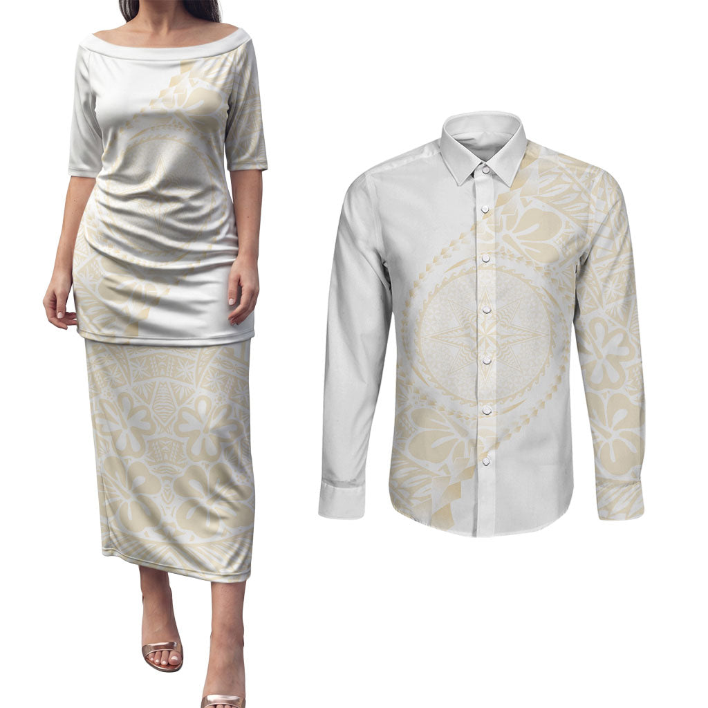 Tonga White Sunday Couples Matching Puletasi and Long Sleeve Button Shirt Lotu Tamaiti Tongan Kupesi Pattern