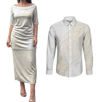 Tonga White Sunday Couples Matching Puletasi and Long Sleeve Button Shirt Lotu Tamaiti Tongan Kupesi Pattern
