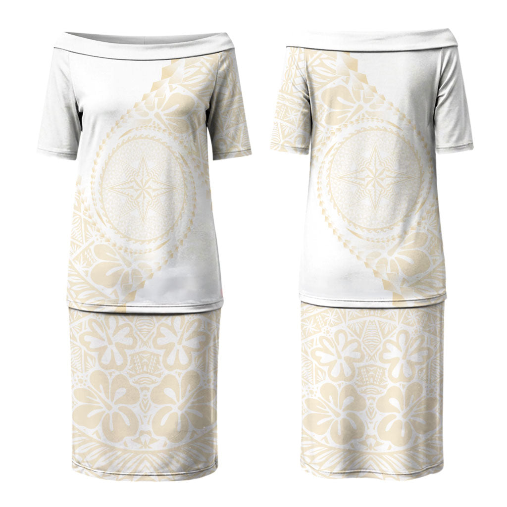 Tonga White Sunday Couples Matching Puletasi and Long Sleeve Button Shirt Lotu Tamaiti Tongan Kupesi Pattern