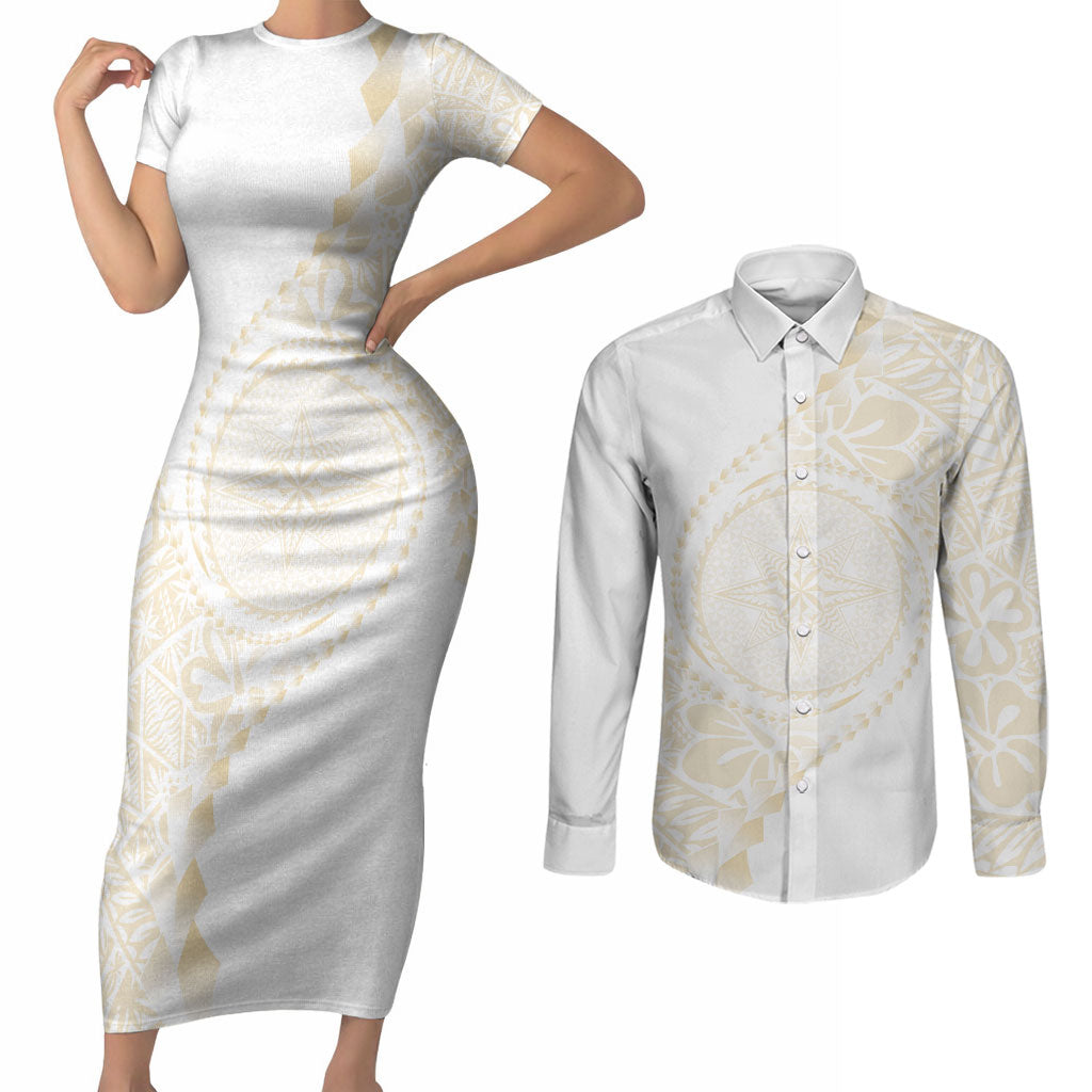 Tonga White Sunday Couples Matching Short Sleeve Bodycon Dress and Long Sleeve Button Shirt Lotu Tamaiti Tongan Kupesi Pattern