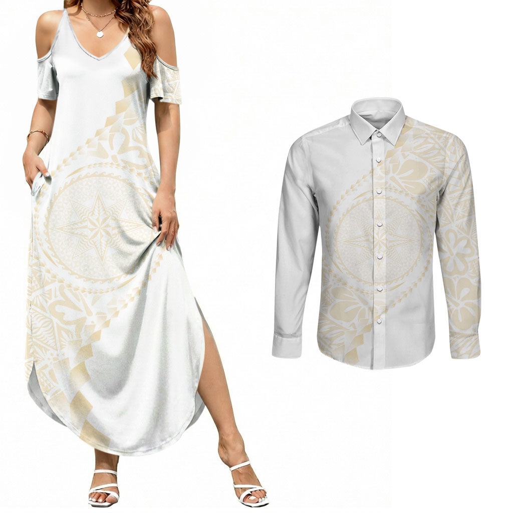 Tonga White Sunday Couples Matching Summer Maxi Dress and Long Sleeve Button Shirt Lotu Tamaiti Tongan Kupesi Pattern