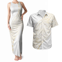 Tonga White Sunday Couples Matching Tank Maxi Dress and Hawaiian Shirt Lotu Tamaiti Tongan Kupesi Pattern