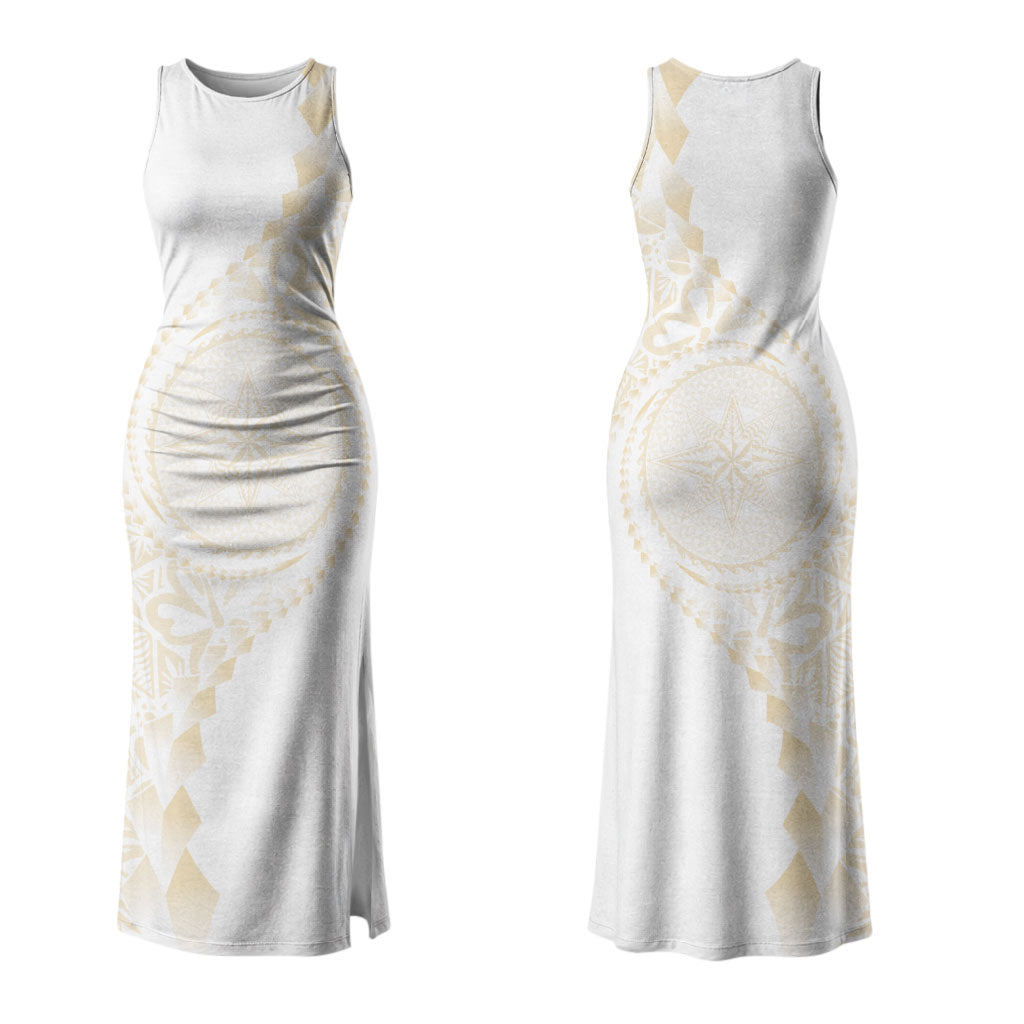 Tonga White Sunday Couples Matching Tank Maxi Dress and Hawaiian Shirt Lotu Tamaiti Tongan Kupesi Pattern