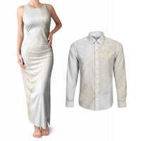 Tonga White Sunday Couples Matching Tank Maxi Dress and Long Sleeve Button Shirt Lotu Tamaiti Tongan Kupesi Pattern