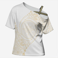 Tonga White Sunday Cross Shoulder Shirt Lotu Tamaiti Tongan Kupesi Pattern