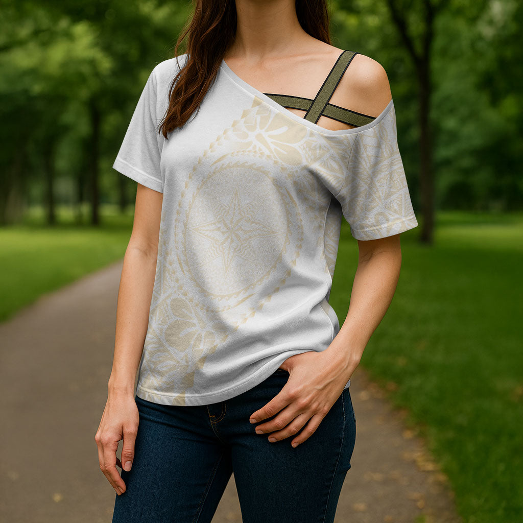 Tonga White Sunday Cross Shoulder Shirt Lotu Tamaiti Tongan Kupesi Pattern