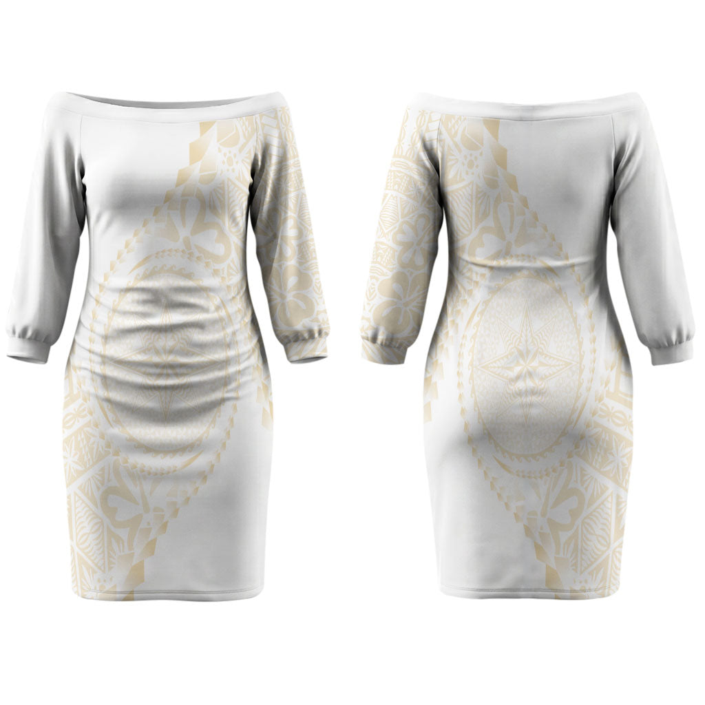 Tonga White Sunday Family Matching Off The Shoulder Long Sleeve Dress and Hawaiian Shirt Lotu Tamaiti Tongan Kupesi Pattern