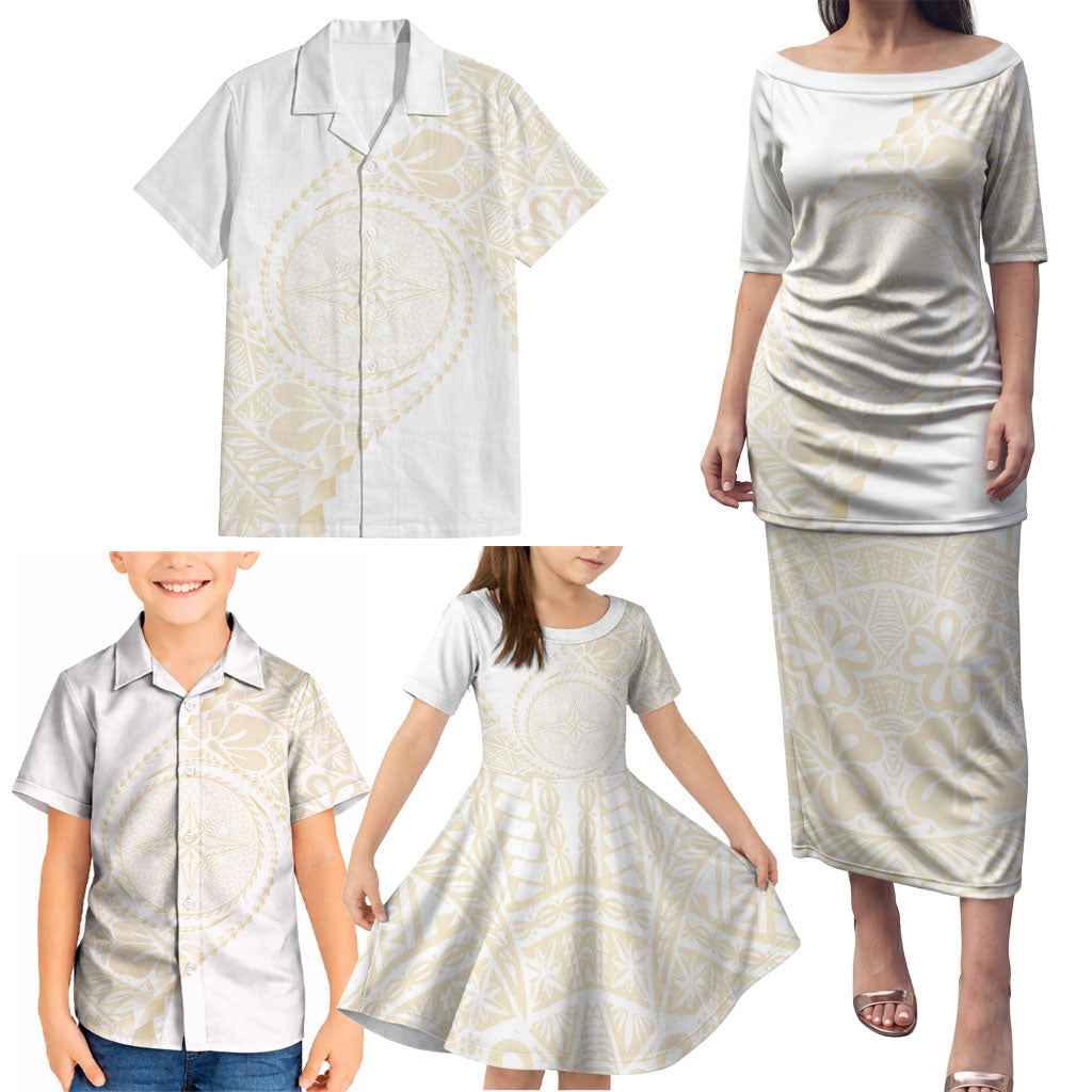 Tonga White Sunday Family Matching Puletasi and Hawaiian Shirt Lotu Tamaiti Tongan Kupesi Pattern
