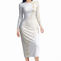 Tonga White Sunday Long Sleeve Bodycon Dress Lotu Tamaiti Tongan Kupesi Pattern