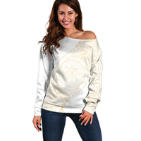 Tonga White Sunday Off Shoulder Sweater Lotu Tamaiti Tongan Kupesi Pattern
