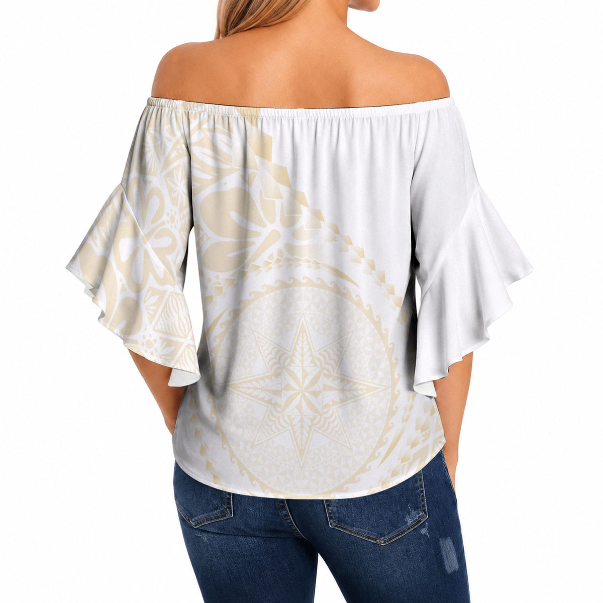 Tonga White Sunday Off Shoulder Wrap Waist Top Lotu Tamaiti Tongan Kupesi Pattern