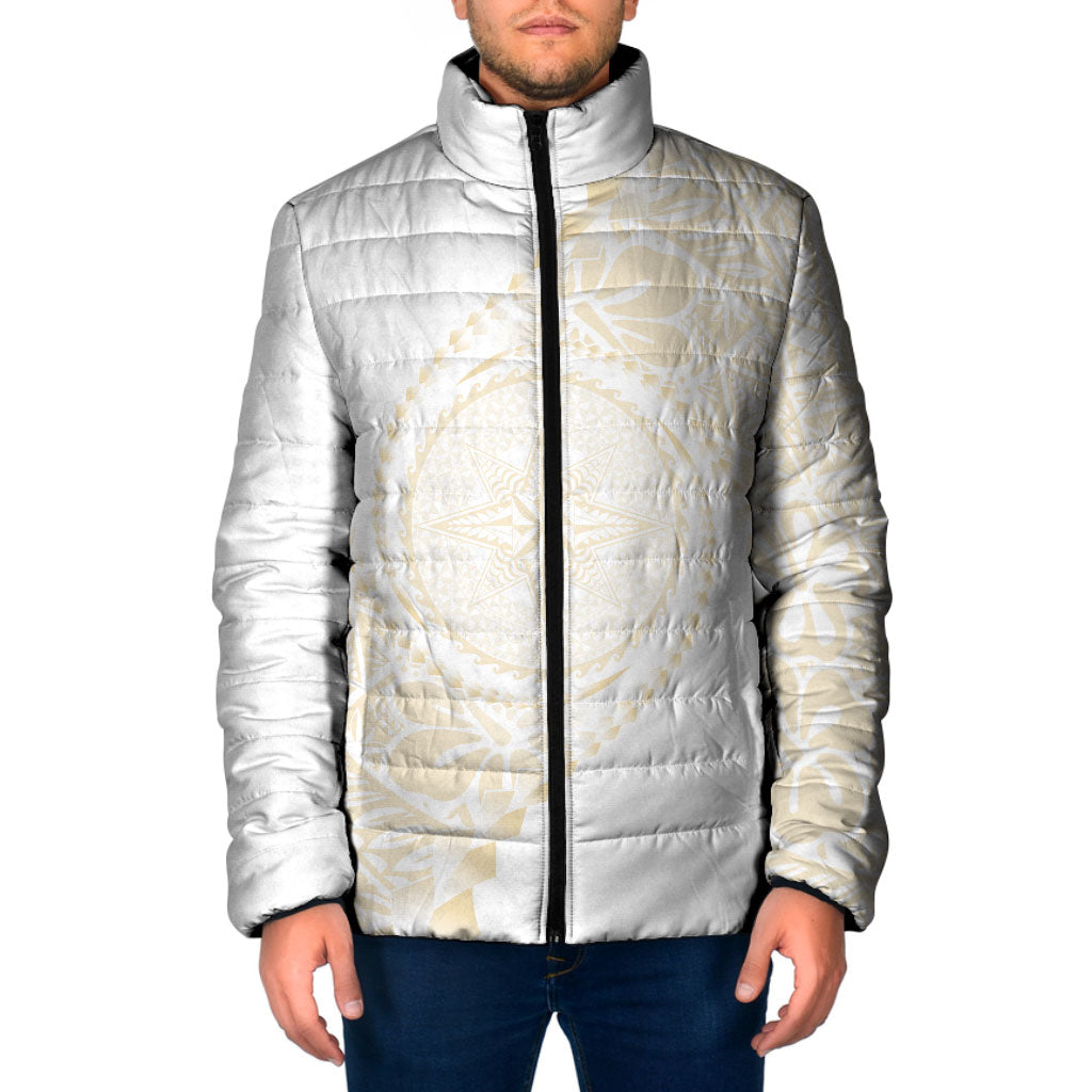 Tonga White Sunday Padded Jacket Lotu Tamaiti Tongan Kupesi Pattern