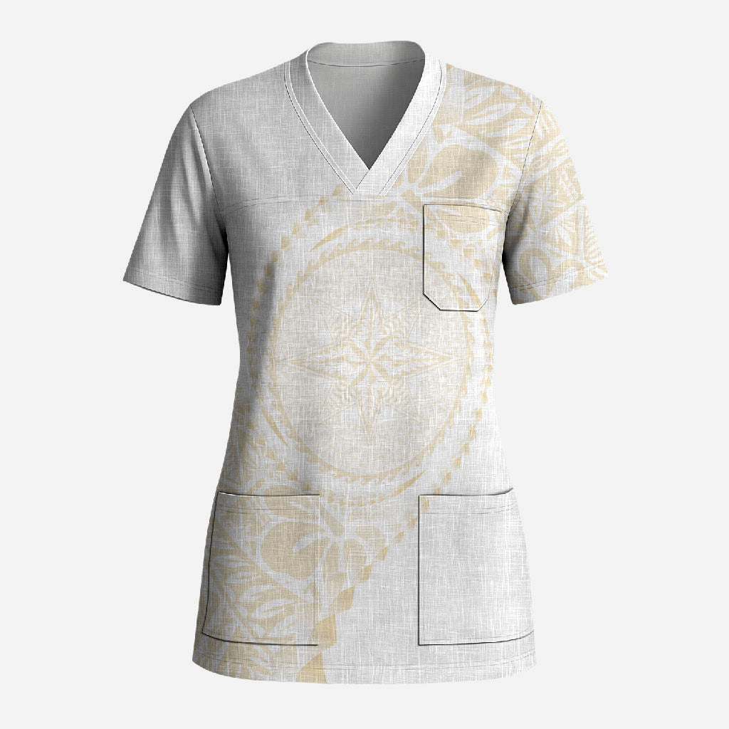 Tonga White Sunday Scrub Top Lotu Tamaiti Tongan Kupesi Pattern