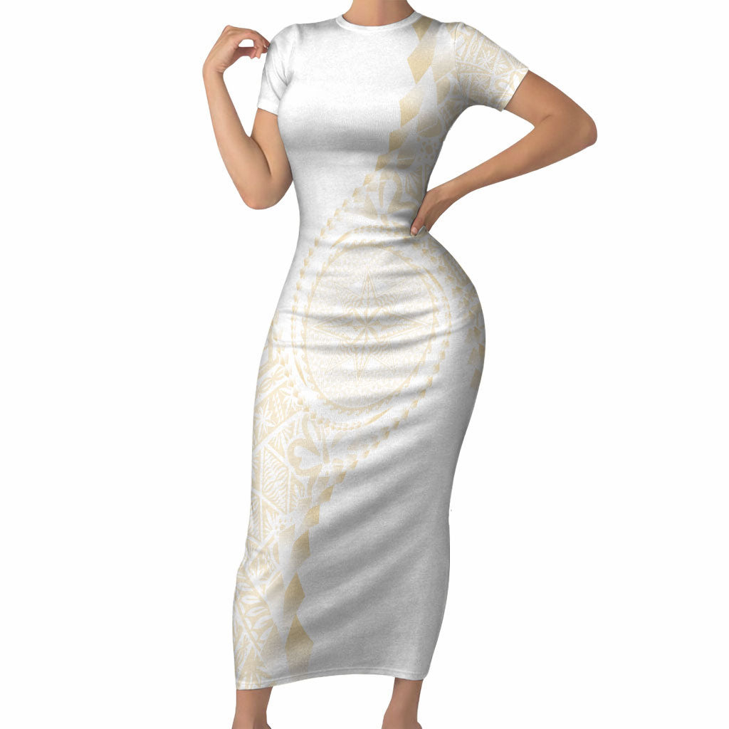 Tonga White Sunday Short Sleeve Bodycon Dress Lotu Tamaiti Tongan Kupesi Pattern