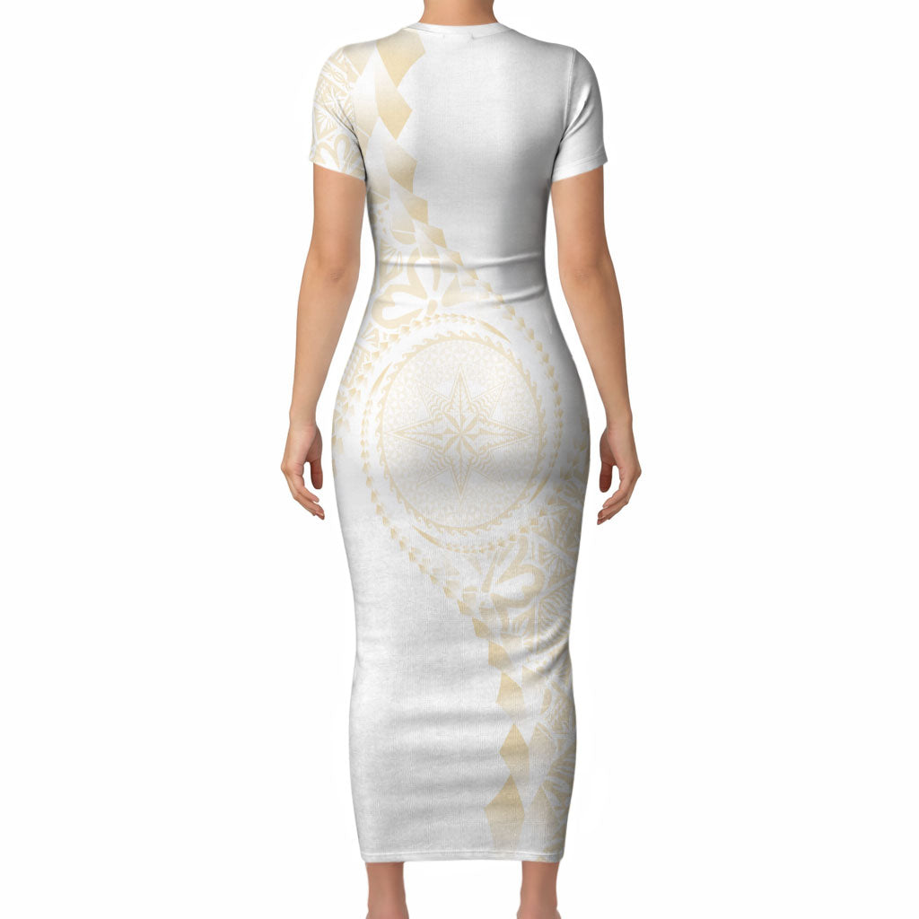 Tonga White Sunday Short Sleeve Bodycon Dress Lotu Tamaiti Tongan Kupesi Pattern