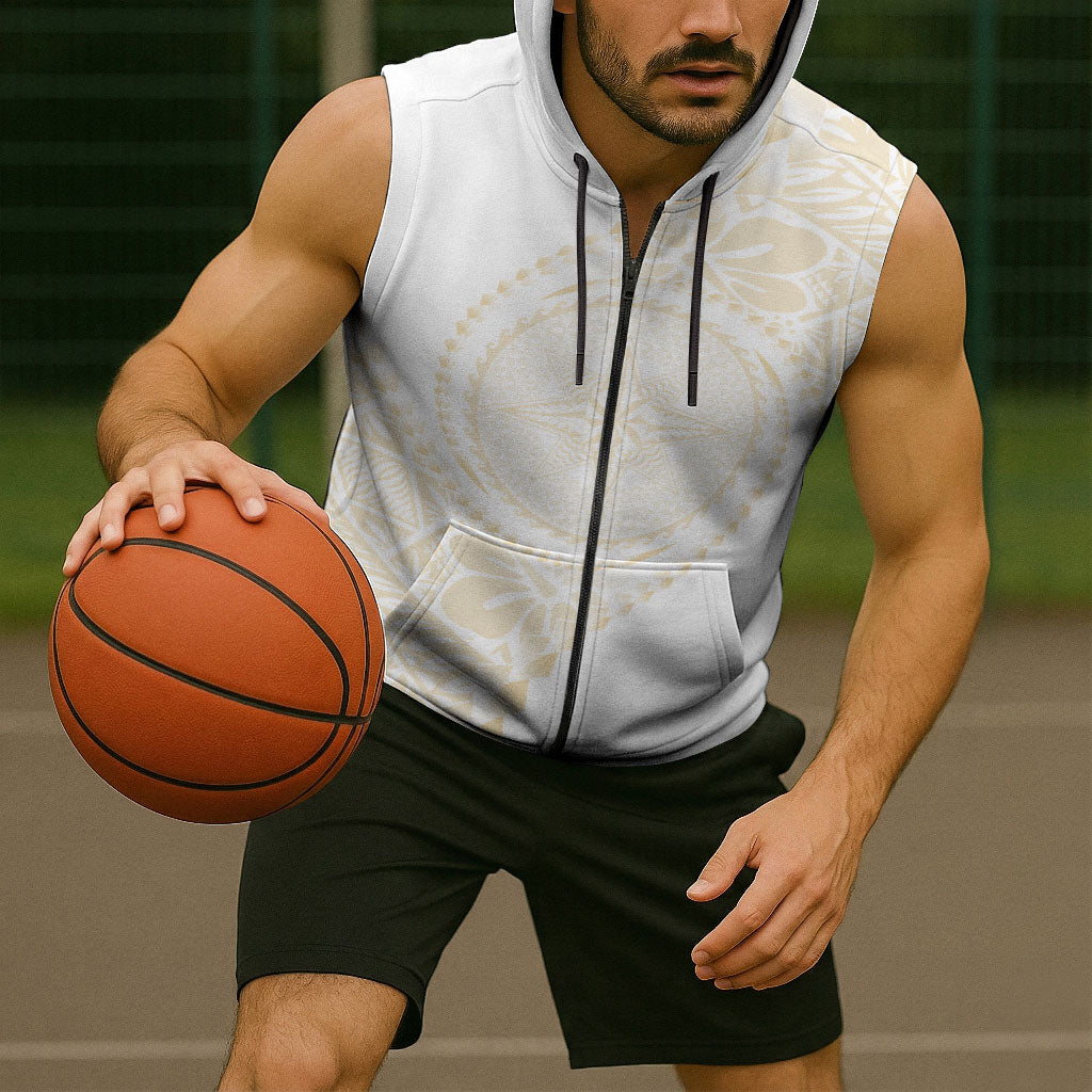 Tonga White Sunday Sleeveless Zip Hoodie Lotu Tamaiti Tongan Kupesi Pattern