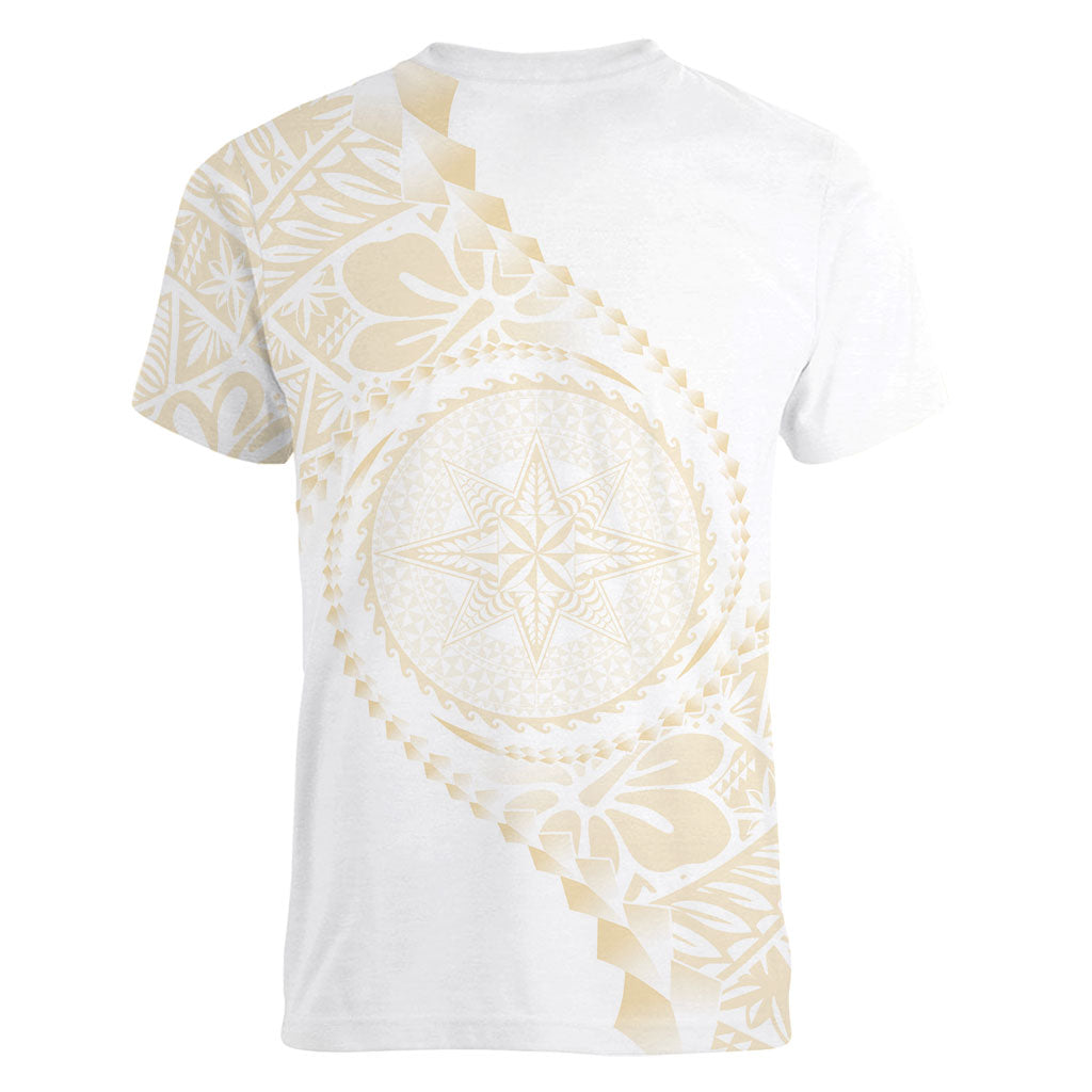 Tonga White Sunday Women V-Neck T-Shirt Lotu Tamaiti Tongan Kupesi Pattern