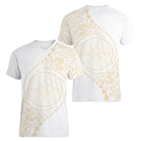 Tonga White Sunday Women V-Neck T-Shirt Lotu Tamaiti Tongan Kupesi Pattern