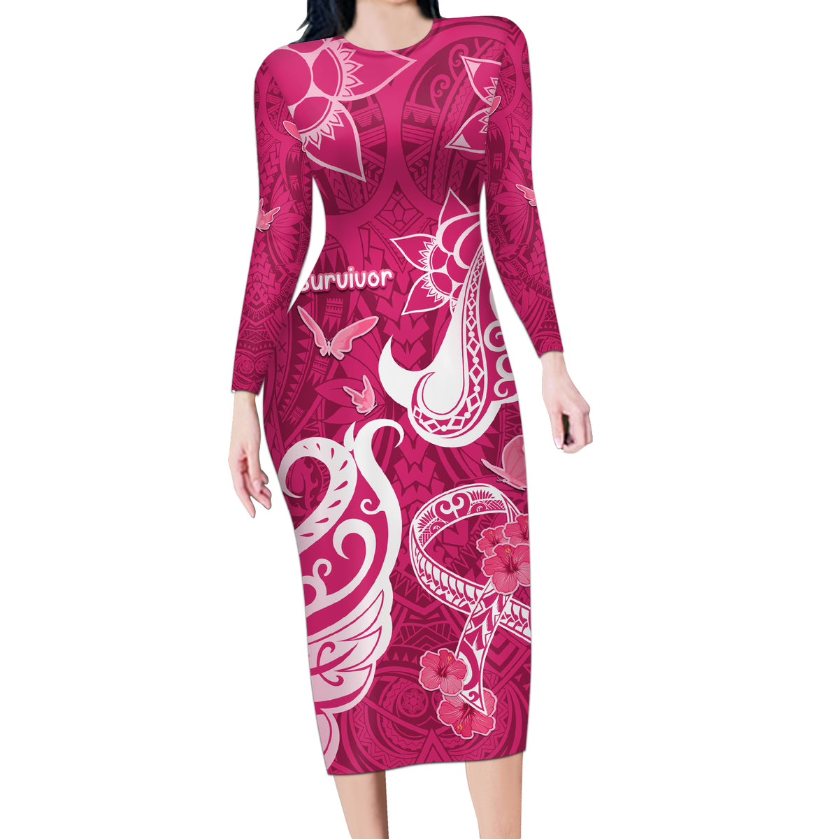 Breast Cancer Awareness Long Sleeve Bodycon Dress Ribbon Polynesian Pa Breast Cancer Awareness Long Sleeve Bodycon Dress Ribbon Polynesian Pa