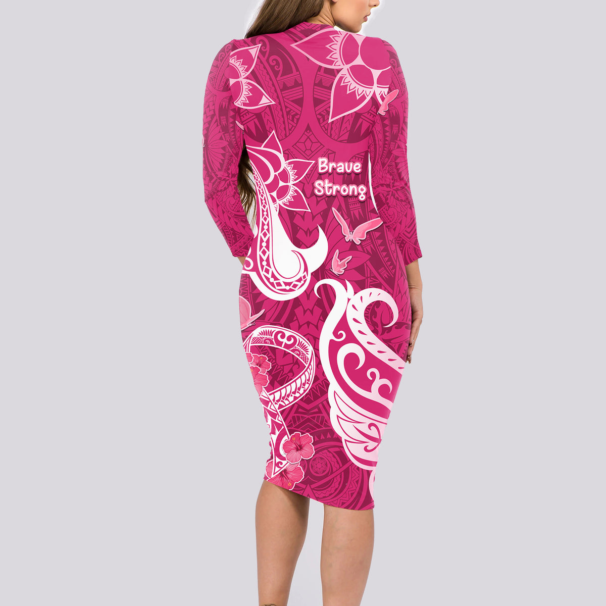 Breast Cancer Awareness Long Sleeve Bodycon Dress Ribbon Polynesian Pa Breast Cancer Awareness Long Sleeve Bodycon Dress Ribbon Polynesian Pa