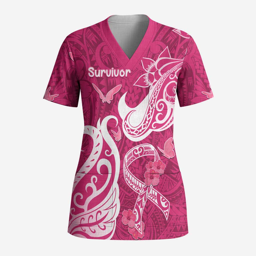 Breast Cancer Awareness Scrub Top Ribbon Polynesian Pattern Pink Version - Polynesian Pride