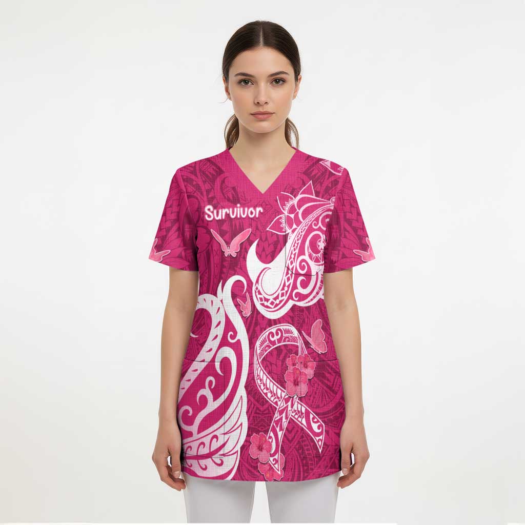 Breast Cancer Awareness Scrub Top Ribbon Polynesian Pattern Pink Version - Polynesian Pride