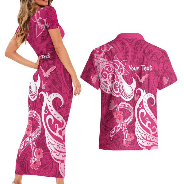 Personalized Breast Cancer Awareness Couples Matching Tank Maxi Dress and Hawaiian Shirt Ribbon Polynesian Pattern Black Version LT05