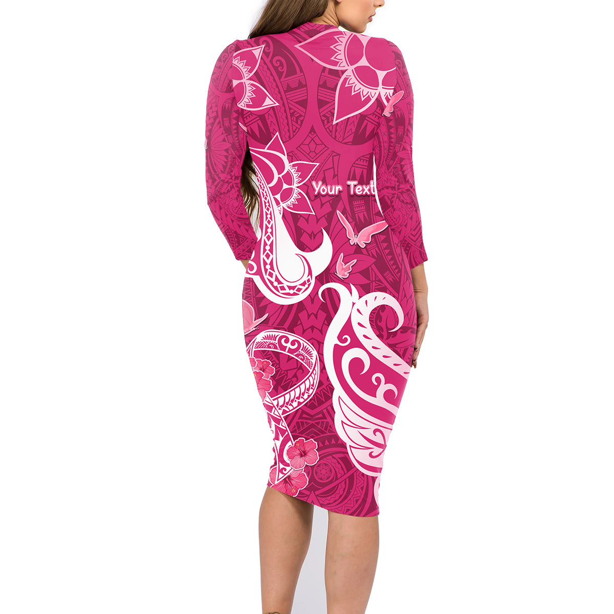 Personalized Breast Cancer Awareness Family Matching Long Sleeve Bodycon Dress and Hawaiian Shirt Ribbon Polynesian Pattern Pink Version LT05 - Polynesian Pride