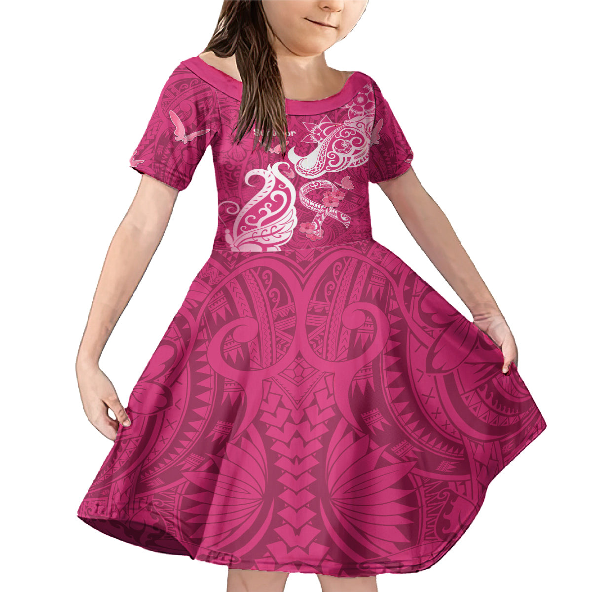 Personalized Breast Cancer Awareness Family Matching Mermaid Dress and Hawaiian Shirt Ribbon Polynesian Pattern Pink Version LT05 Daughter's Dress Pink - Polynesian Pride